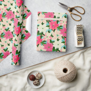 Pink Poinsettia Teal Christmas Wrapping Paper