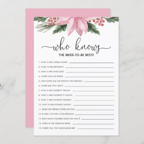 Pink Poinsettia Who Knows Bride Bridal Shower Game Invitation