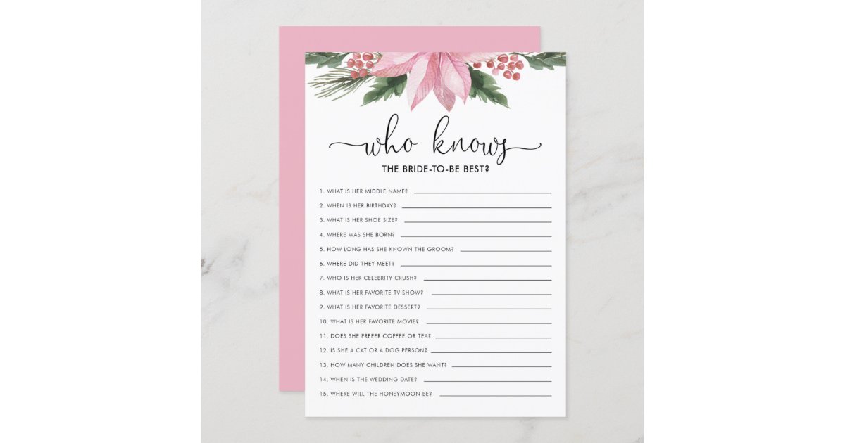 Pink Poinsettia Who Knows Bride Bridal Shower Game Invitation