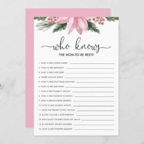 Pink Poinsettia Who Knows Mom Baby Shower Game Invitation