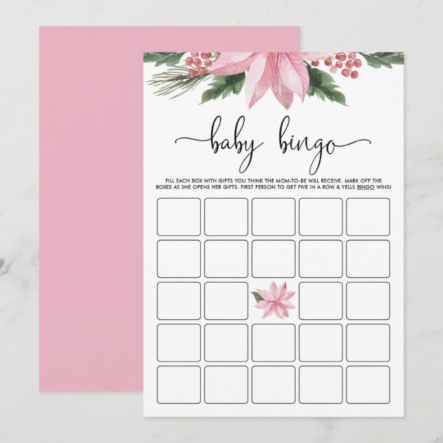 Pink Poinsettia Winter Baby Shower Bingo Game Invitation (Front/Back)