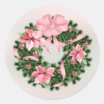 Pink Poinsettia Wreath Classic Sticker #2 by AJsGraphics at Zazzle