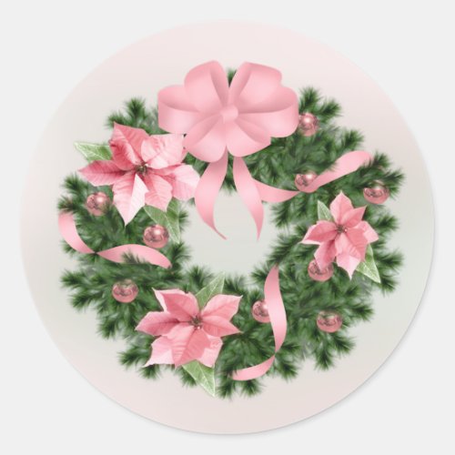 Pink Poinsettia Wreath Classic Sticker 2