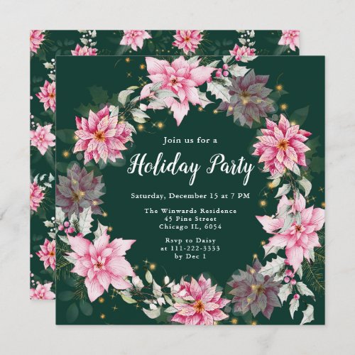 Pink Poinsettia Wreath Holiday Party Invitation