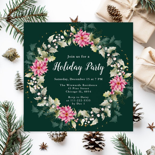 Pink Poinsettia Wreath Holiday Party Invitation (Creator Uploaded)