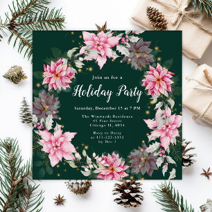 Pink Poinsettia Wreath Holiday Party Invitation