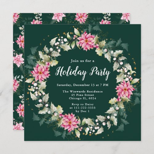 Pink Poinsettia Wreath Holiday Party Invitation