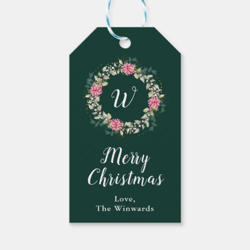 Pink Poinsettia Wreath Merry Christmas Gift Tags