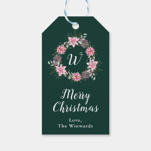Pink Poinsettia Wreath Merry Christmas Gift Tags
