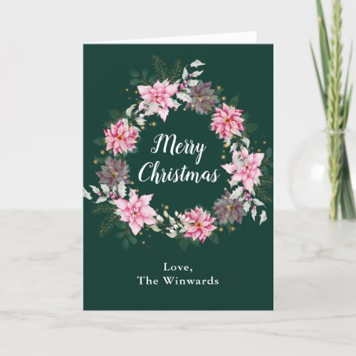 Pink Poinsettia Wreath Merry Christmas Holiday Card