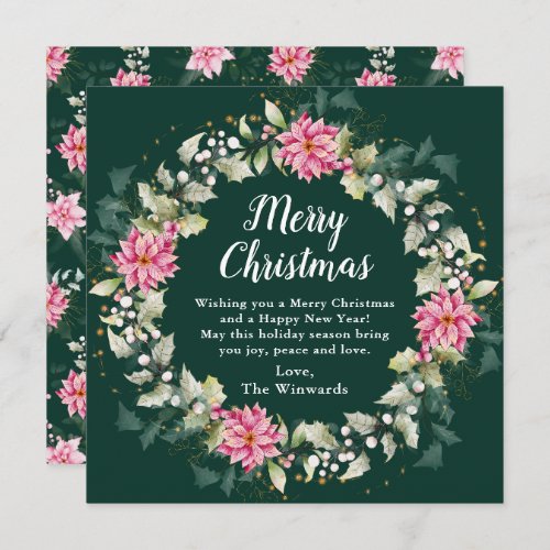 Pink Poinsettia Wreath Merry Christmas Holiday Card