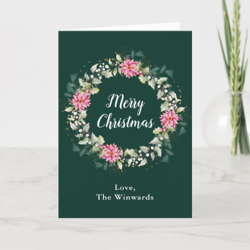 Pink Poinsettia Wreath Merry Christmas Holiday Card