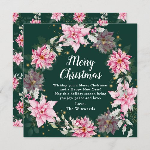 Pink Poinsettia Wreath Merry Christmas Holiday Card