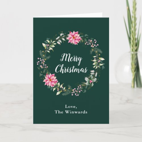 Pink Poinsettia Wreath Merry Christmas Holiday Card