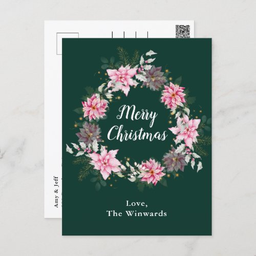 Pink Poinsettia Wreath Merry Christmas Holiday Postcard
