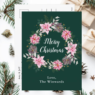 Pink Poinsettia Wreath Merry Christmas Holiday Postcard