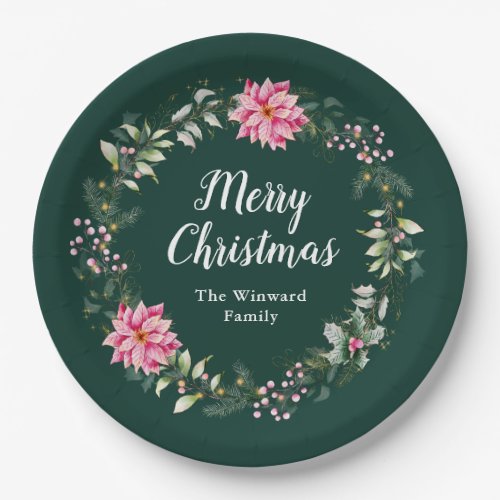 Pink Poinsettia Wreath Merry Christmas Paper Plates