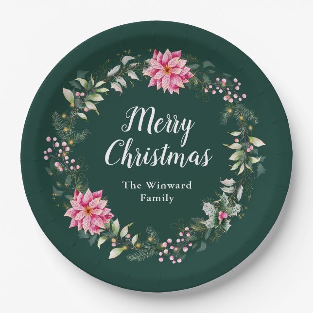 Pink Poinsettia Wreath Merry Christmas Paper Plates (Front)