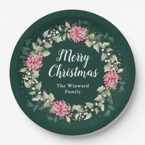 Pink Poinsettia Wreath Merry Christmas Paper Plates
