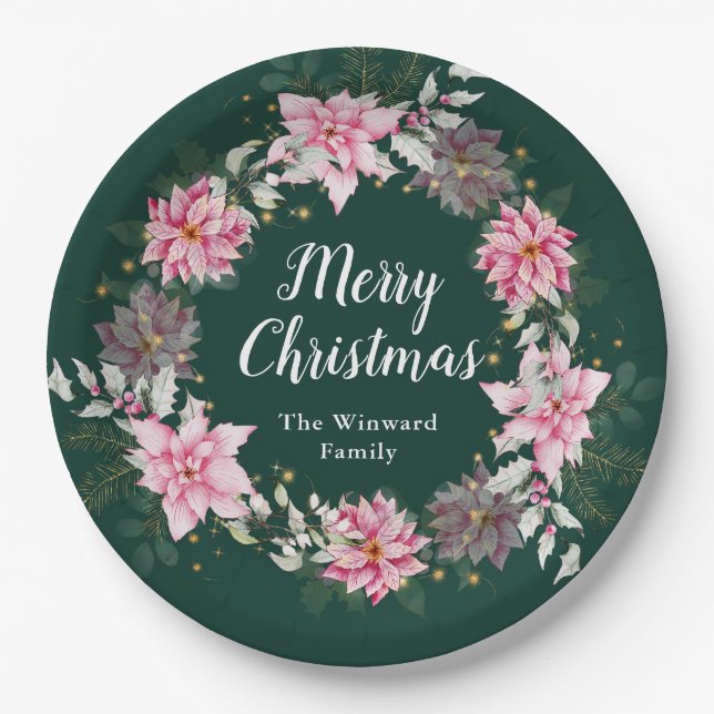 Pink Poinsettia Wreath Merry Christmas Paper Plates (Front)