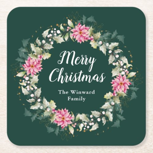 Pink Poinsettia Wreath Merry Christmas Square Paper Coaster
