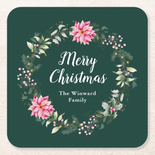 Pink Poinsettia Wreath Merry Christmas Square Paper Coaster