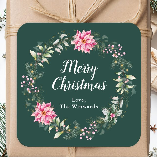 Pink Poinsettia Wreath Merry Christmas Square Sticker (Creator Uploaded)