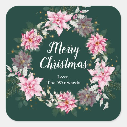 Pink Poinsettia Wreath Merry Christmas Square Sticker