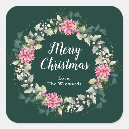 Pink Poinsettia Wreath Merry Christmas Square Sticker