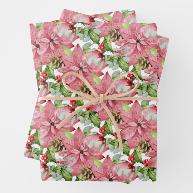 Pink Poinsettias and Pines Wrapping Paper Sheets (In situ)