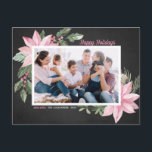 Pink Poinsettias Chalkboard Happy Holidays Photo Holiday Postcard<br><div class="desc">Happy Holidays! Send holiday greetings to family and friends with this customizable botanical postcard. It features watercolor illustration of pink poinsettias,  berries,  cotton and hollies on a faux chalkboard background. Personalize by adding photos and your own texts. This pink floral Christmas postcard is available in a variety of cardstock.</div>
