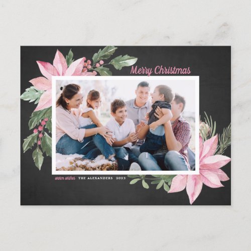 Pink Poinsettias Chalkboard Merry Christmas Photo Holiday Postcard