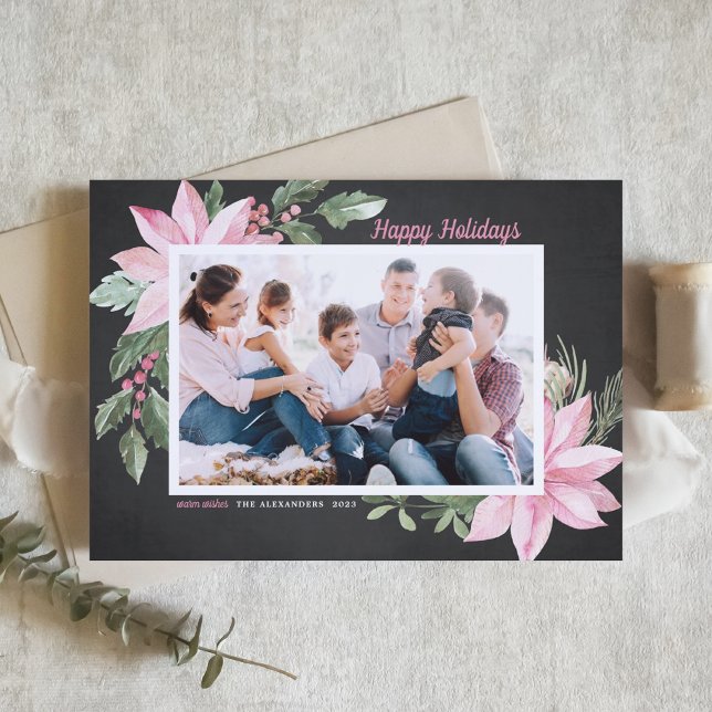 Pink Poinsettias Chalkboard Photo Happy Holidays Holiday Card (Creator Uploaded)