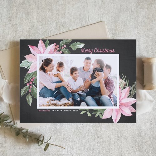 Pink Poinsettias Chalkboard Photo Merry Christmas Holiday Card