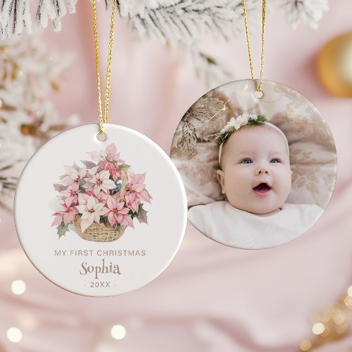 Pink Poinsettias Floral Baby's 1st Christmas Photo Ceramic Ornament