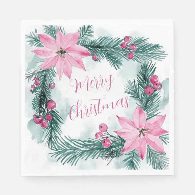 Pink Poinsettias Floral Christmas Paper Napkin (Front)