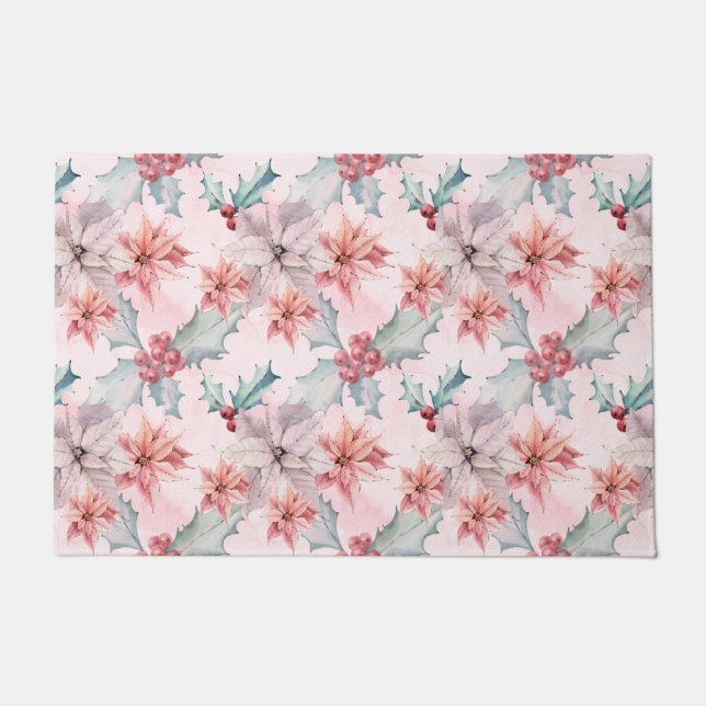 Pink Poinsettias Winter Holiday Modern Floral Doormat (Front)