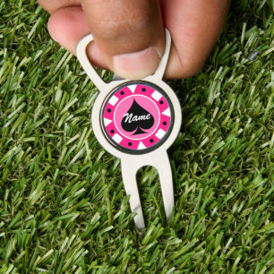 Pink poker chip golf ball marker and bottle opener divot tool