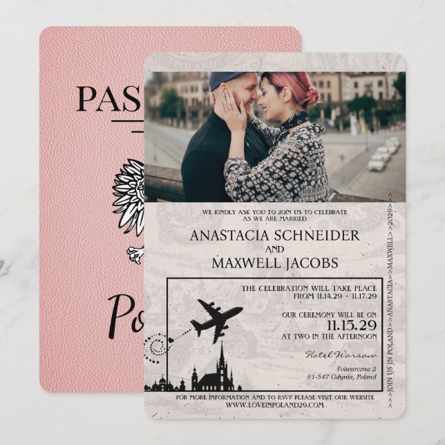 Pink Poland Passport Wedding Invitation (Front/Back)