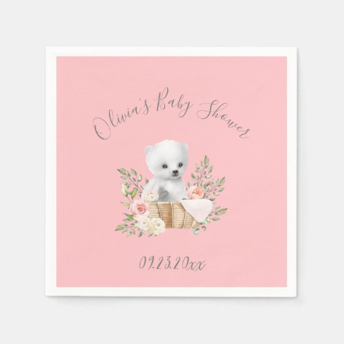 Pink Polar Bear Baby Girl Shower Napkins