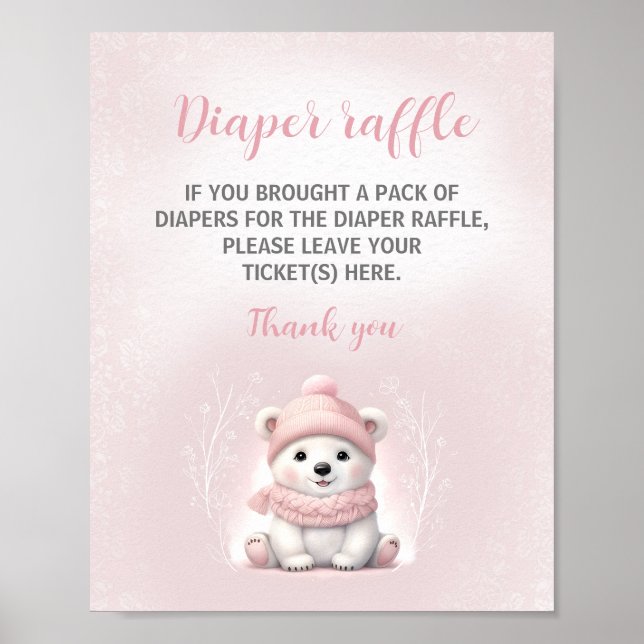 Pink Polar Bear Baby Shower Diaper Raffle Sign (Front)