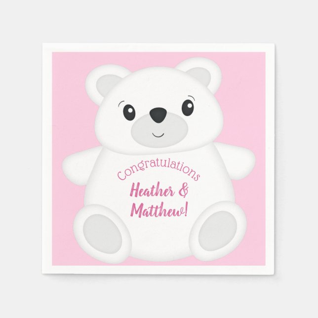 Pink Polar Bear Baby Shower Napkins (Front)