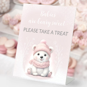 Pink Polar Bear Baby Shower Pedestal Favor Sign