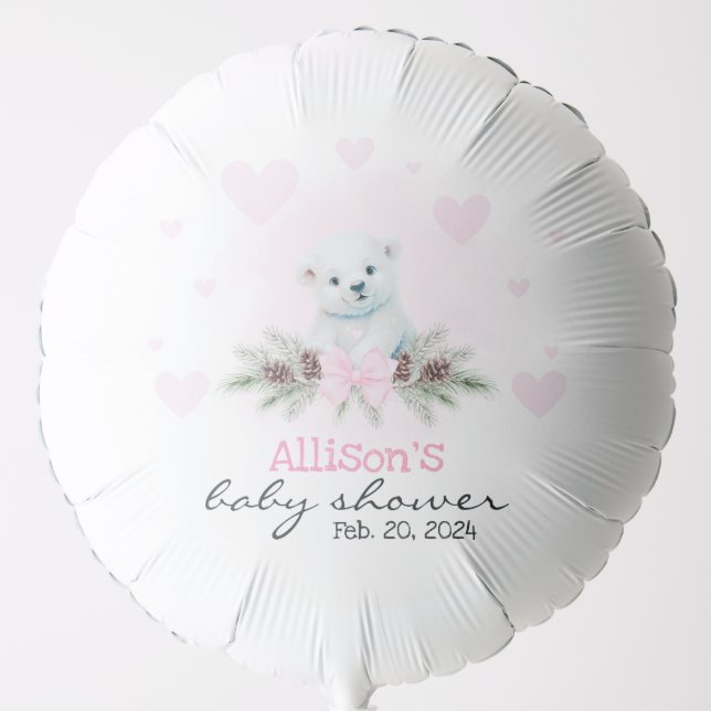 Pink Polar Bear Cub Girl Hearts Winter Baby Shower Balloon (Front)