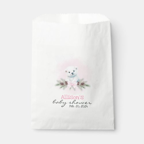 Pink Polar Bear Cub Girl Hearts Winter Baby Shower Favor Bag