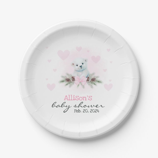Pink Polar Bear Cub Girl Hearts Winter Baby Shower Paper Plates (Front)