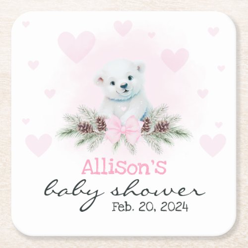 Pink Polar Bear Cub Girl Hearts Winter Baby Shower Square Paper Coaster