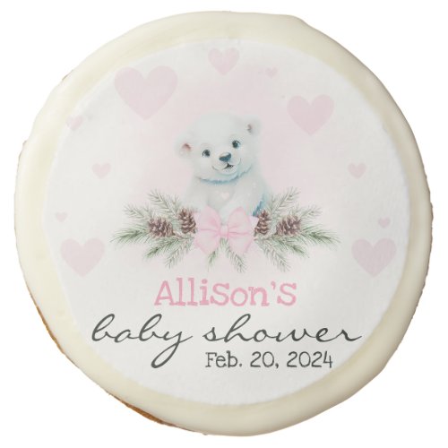 Pink Polar Bear Cub Girl Hearts Winter Baby Shower Sugar Cookie