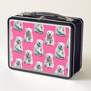 Pink Polar Bear Pattern Design Metal Lunch Box