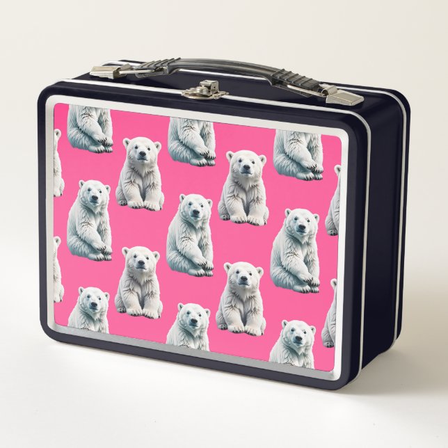 Pink Polar Bear Pattern Design  Metal Lunch Box (Front)